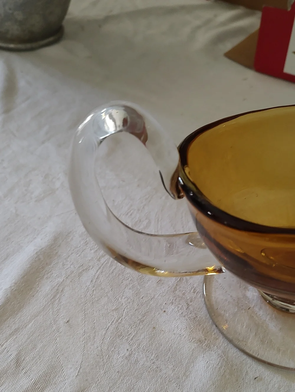 Large Williams Sonoma Amber Citrine and Clear Glass Footed Gravy Sauce Boat